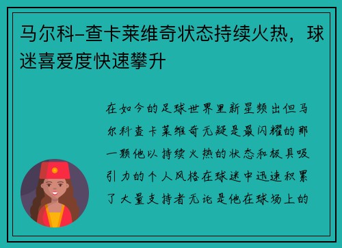 马尔科-查卡莱维奇状态持续火热，球迷喜爱度快速攀升