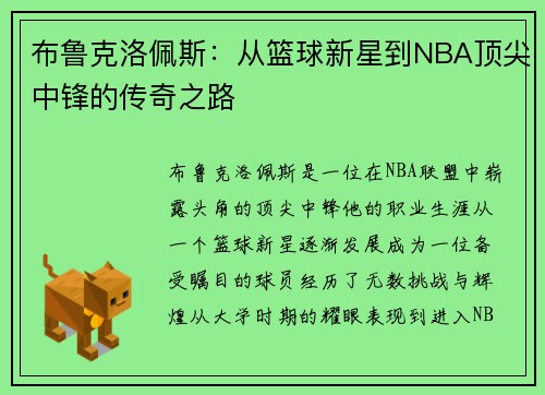 布鲁克洛佩斯：从篮球新星到NBA顶尖中锋的传奇之路